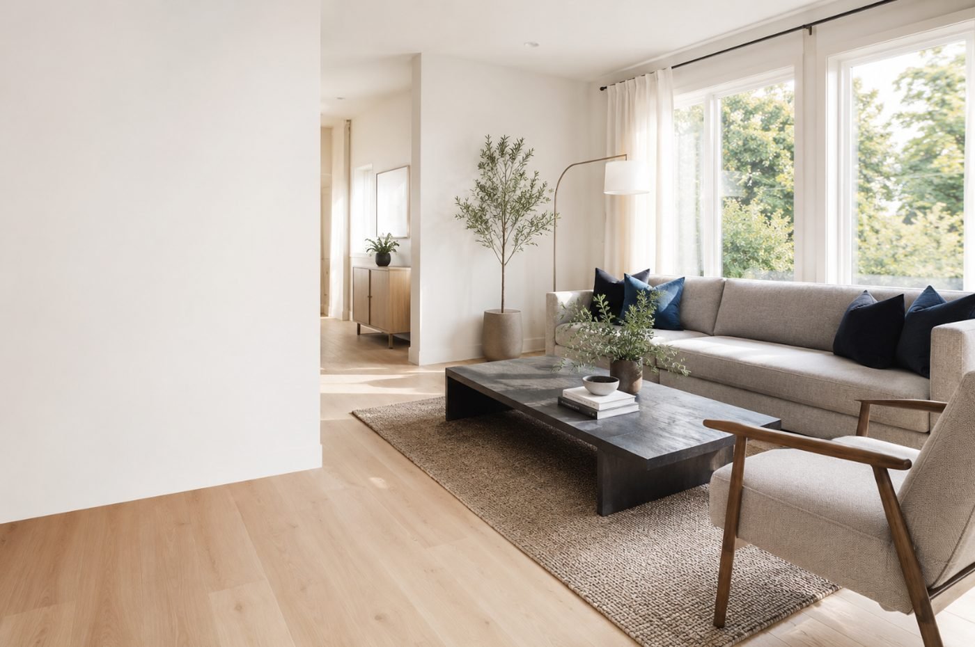 Bright, minimalist living room in a La Luxuriance Stays property
